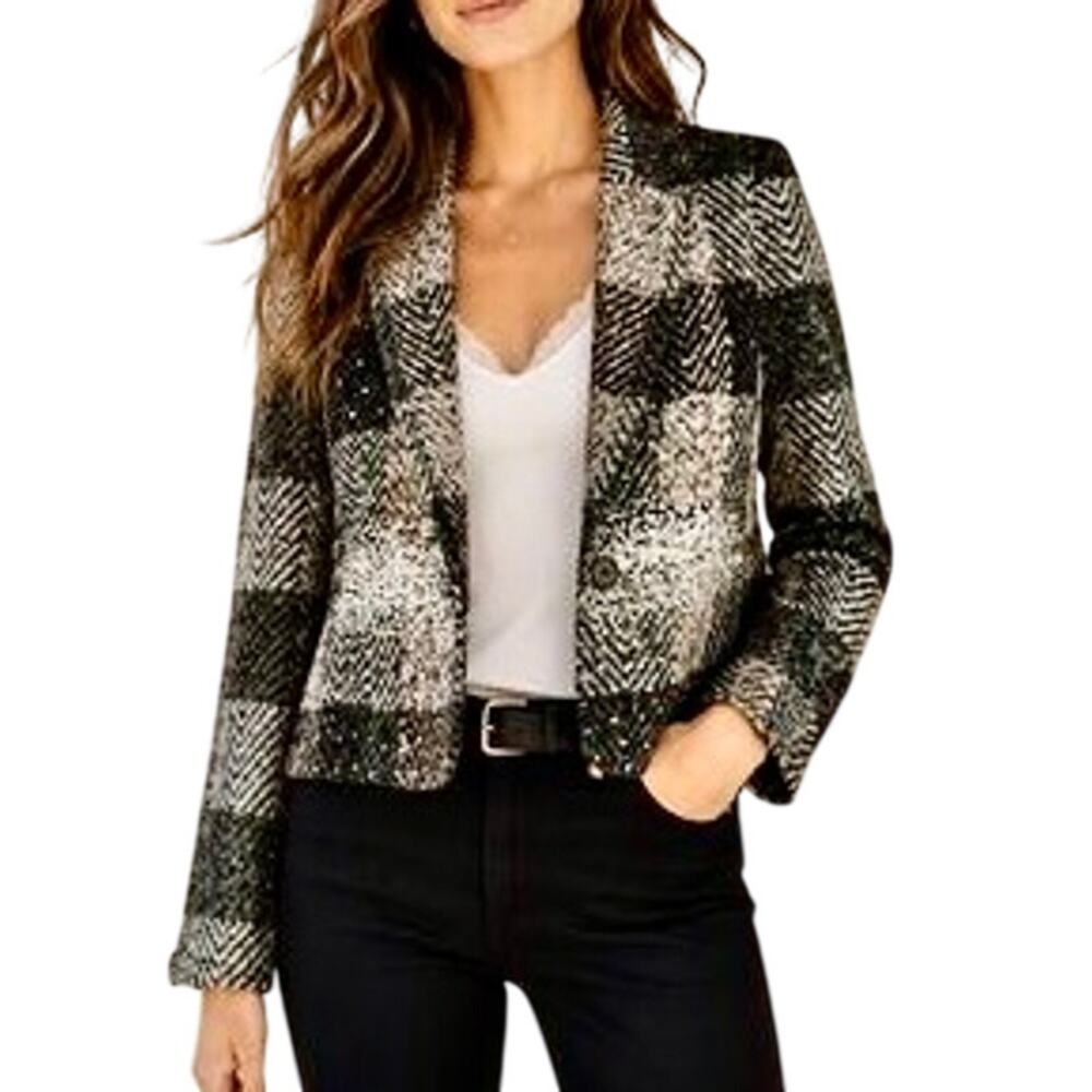 True Meaning Sequined Embellished Plaid Tweed Jacket Blazer Tailored  Retro